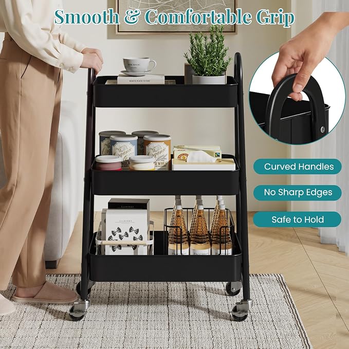 OLIXIS Metal 3 Tiers Utility Rolling Cart, Mobile Storage Shelf with Lockable Caster Wheels, Organization for Livingroom, Bathroom & Narrow Places, Black