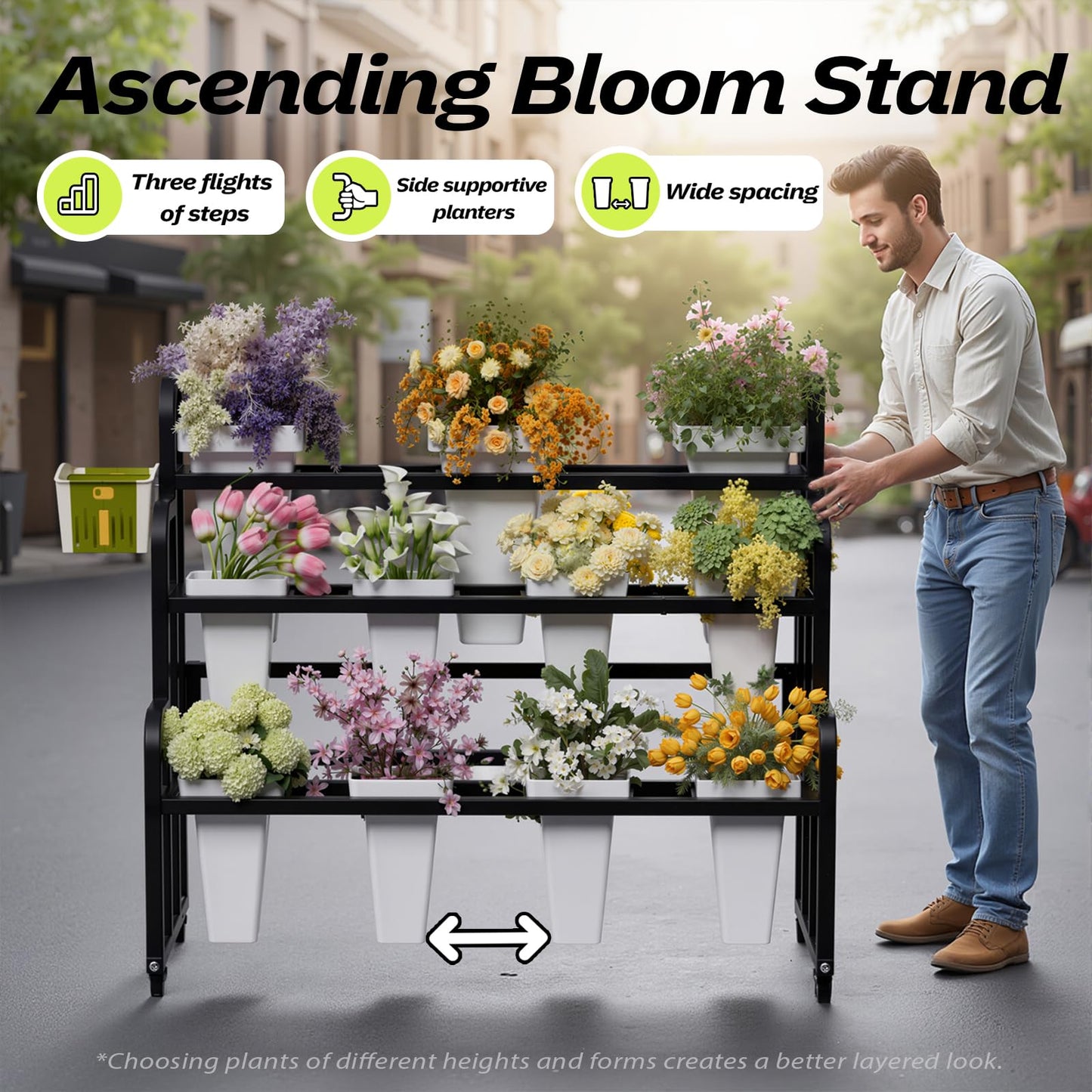 GVRVHJS Heavy Duty 3-Layer Metal Flower Display Stand, 11-Bucket Flower Bar with Tool Basket, Thickened Frame & 360° Swivel Wheels, Flower Cart for Patio, Garden, Florist, Wedding & Party (Black)