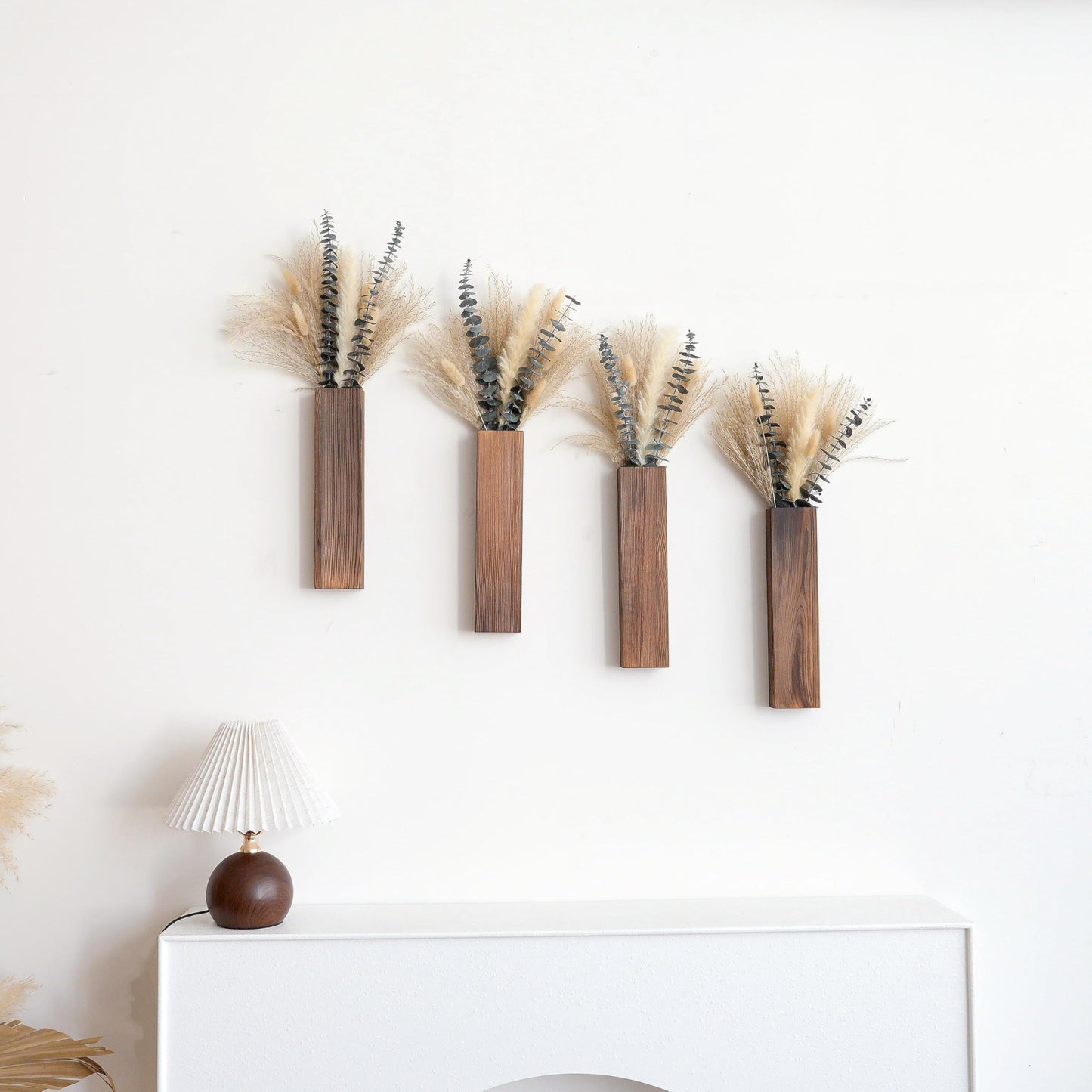 Wall Vase Set of 4 – Wooden Hanging Vases with Pampas Grass & Eucalyptus Dried Flowers – Modern Farmhouse Home Decor for Living Room, Entryway, Bathroom, Hallway & Dining Room