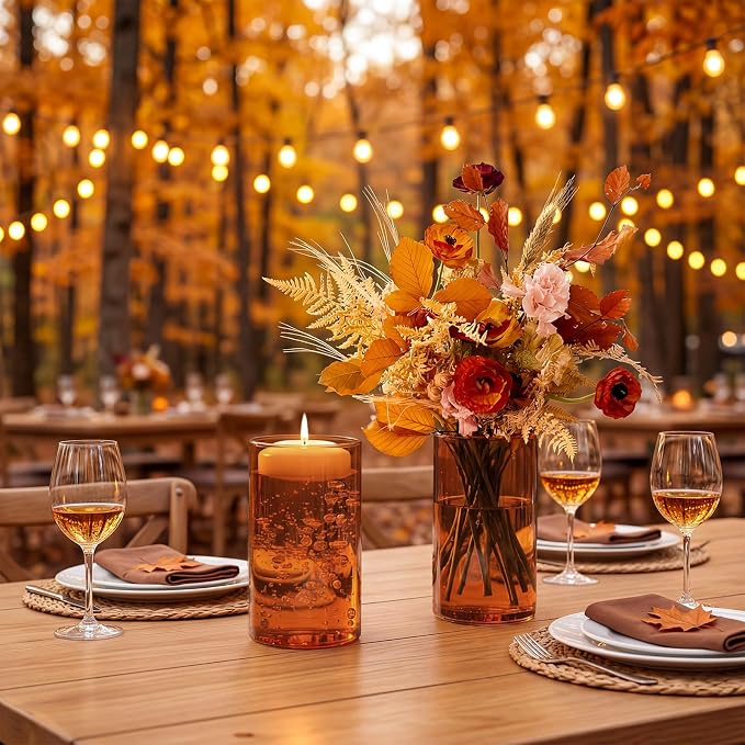 TBWIND 12pcs Amber Glass Cylinder Vases for Centerpieces, 6 Inch Bulk Flower Vases for Wedding Decorations, Hurricane Candle Holder for Floating Candles and Table Home Decor