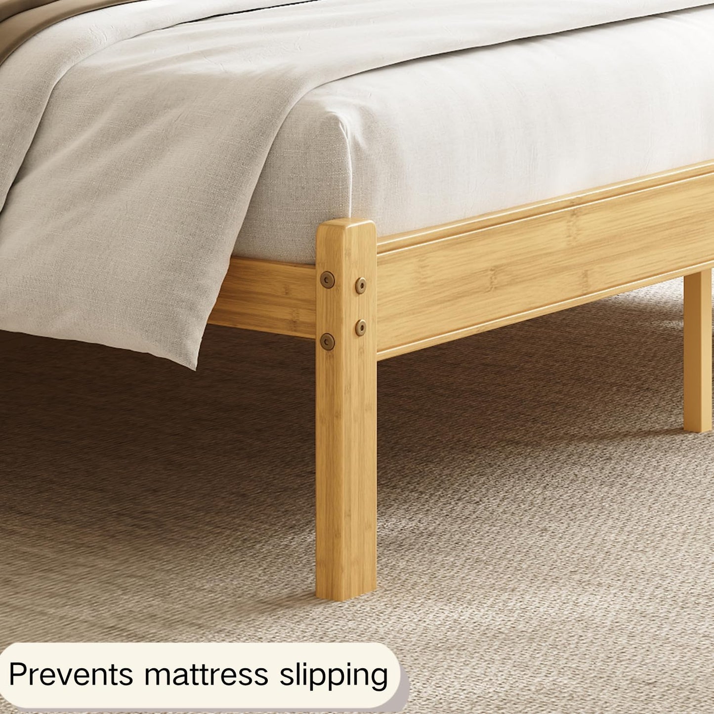 COMASACH Bamboo Wood Queen Bed Frame with Storage Headboard,14 Inch High Solid Queen Size Bed Frame, Metal Slats Support, Heavy Duty, No Box Spring Needed