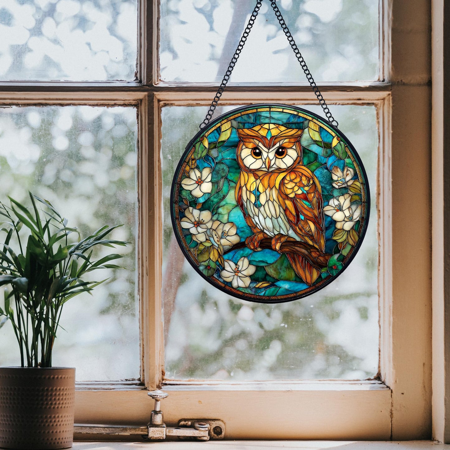 Yjeslw Owl Bird Stained Glass Window Hanging Suncatchers, Owl Flower Sun Catchers Indoor Window Glass Wall Art Decor, Bird Wall Hanging Decorations Sculptures, 7.9x7.9in