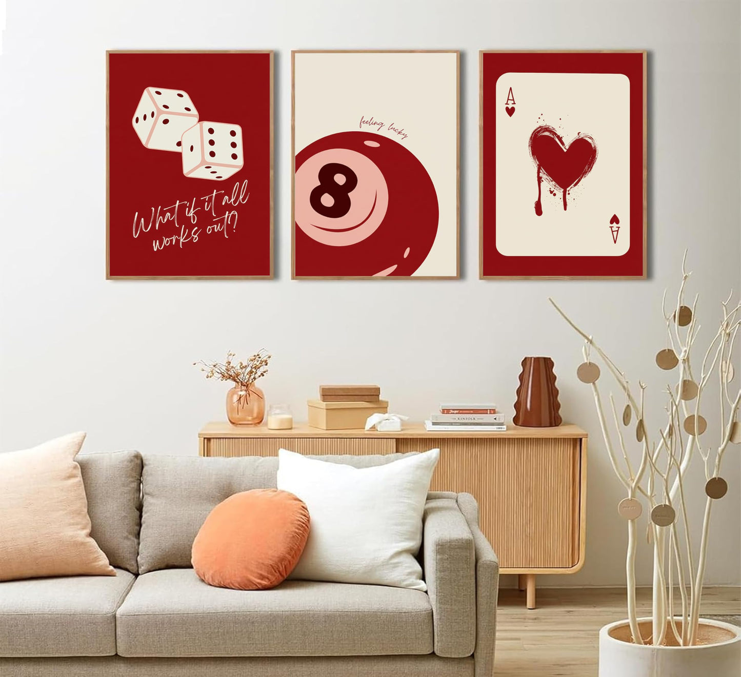 Luyeeteme Set of 3 Unframed Red Wall Art Posters, Funky Retro Y2K Trendy Aesthetic Room Decor, Lucky 8 Ball & Poker Dice Prints for College Dorm, Apartment, Game Room (16x24Inch)
