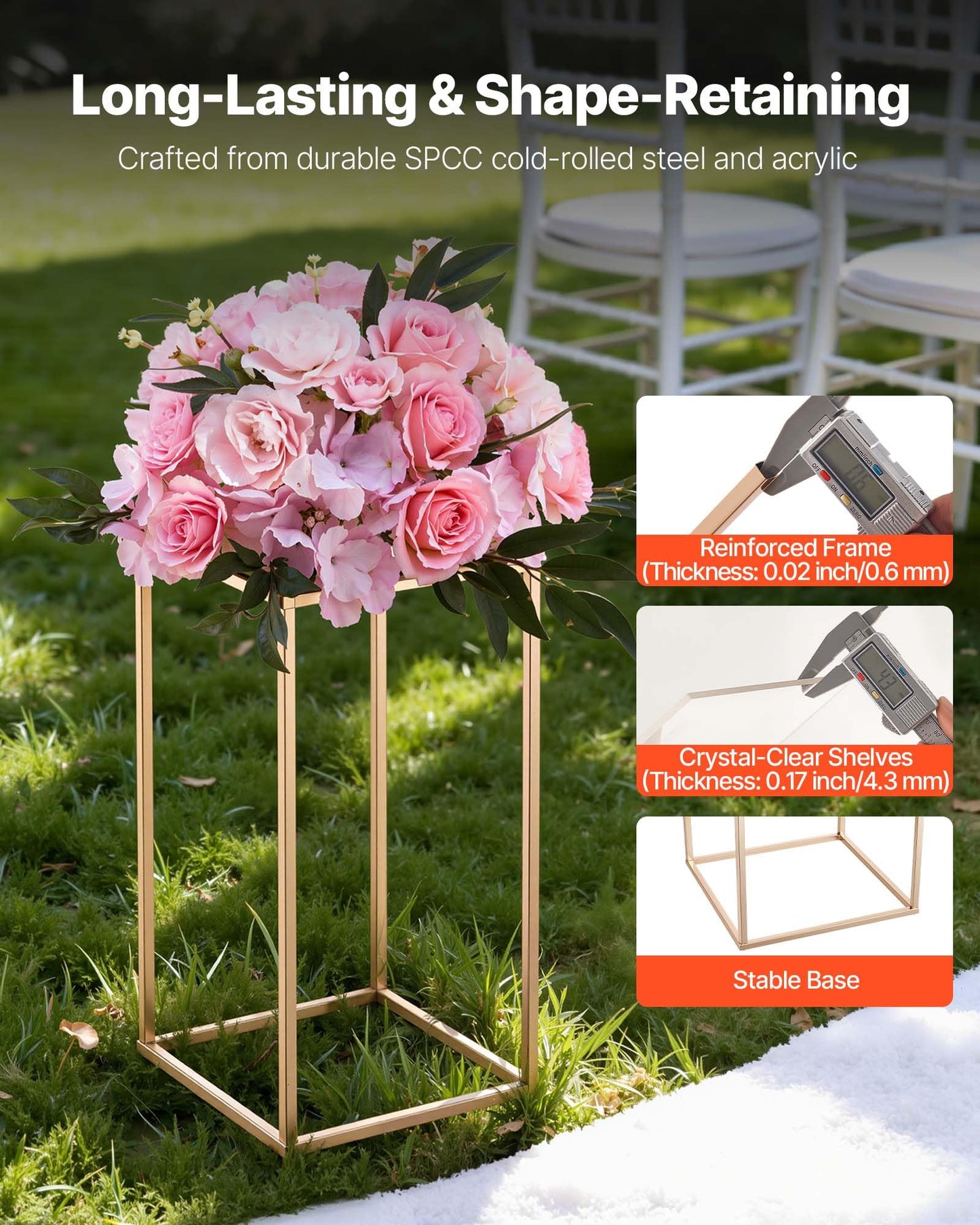 VEVOR Wedding Flower Stand, 10PCS 15.75-inch Column Flower Stand, Floral Stands with Acrylic Laminate, Rectangular Floral Display Rack for Wedding, Party, Birthday, Home, French Gold Centerpiece Stands