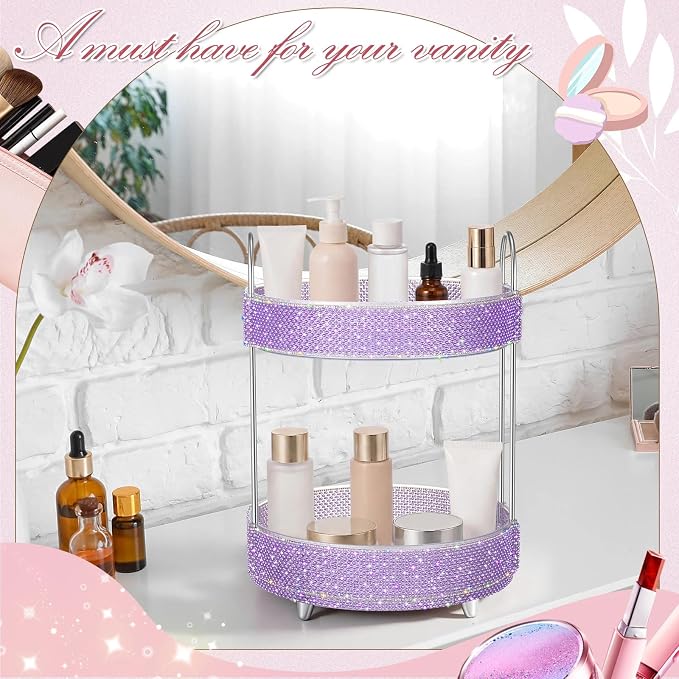 Honeydak 360 Rotating Perfume Organizer Gift for Women, Rhinestone Preppy Skincare Organizer Bathroom Counter Makeup Holder Skincare and Perfume Storage for Cosmetic(2 Tiers,Pearl,Purple)