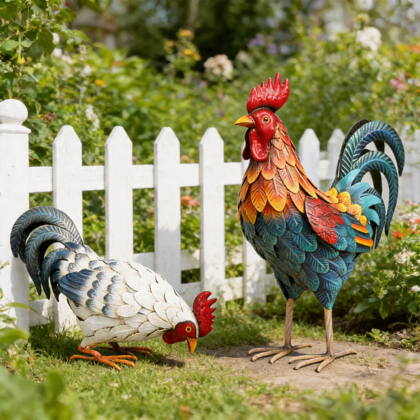 Shorayn Metal Rooster Statues, Outdoor Garden Metal Chicken Decor, Garden Sculptures Chicken Ornaments Yard Art for Backyard Patio Lawn Decorations, Set of 2