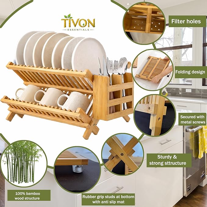 Bamboo Dish Drying Rack with Utensil Holder & Absorbent Dish Drying Mat|3Tier Collapsible Wooden Dish Rack for Kitchen Countertop|Large Foldable Dish Drainer|Kitchen Organizer for Plates Cups utensils