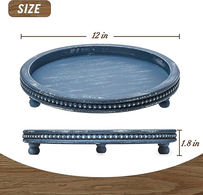 Handmade 12 Inch Decorative Tray, Small Beaded Tray Coffee Table Decor, Blue Decorative Display Risers for Coffee Table, Dining Room Entryway and Living Room