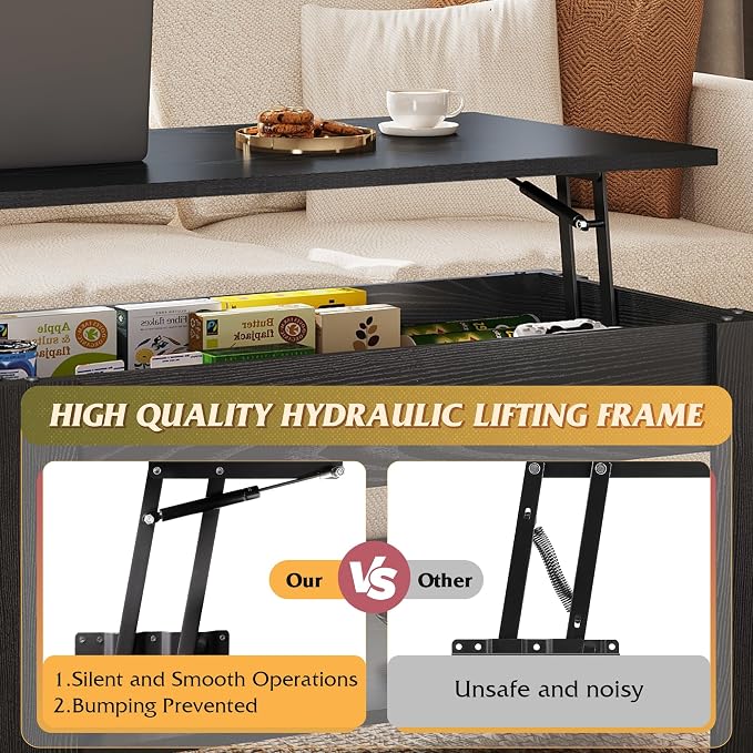 WLIVE Coffee Table, 39" Lift Top Coffee Table with Hidden Compartment, Storage Shelf and Lifting Top for Home Living Room, Office and Reception Room, Black Oak
