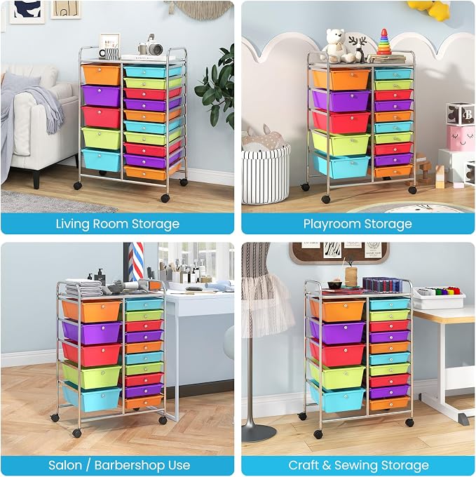 Giantex 15-Drawer Organizer Cart Office School Storage Cart Rolling Drawer Cart for Tools, Scrapbook, Paper (Multicolor)