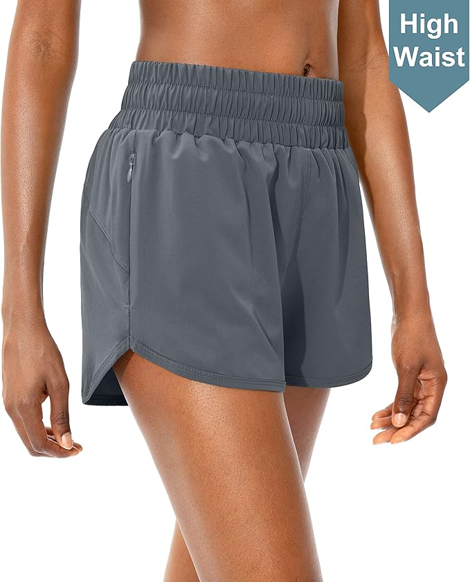 SANTINY Women's Running Shorts with Zip Pockets High Waisted Athletic Workout Gym Shorts for Women with Liner