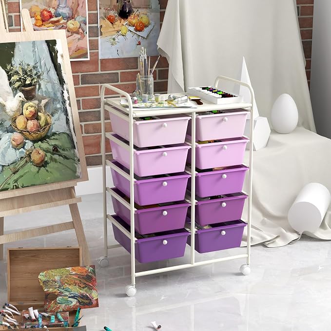 LDAILY 10 Drawer Rolling Cart, Storage Cart Organizer on Wheels, Drawer Cart with Metal Frame & Large Storage Capacity, Rolling Cart with Drawers for Living Room Classroom, Office