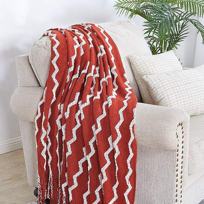 BOURINA Fluffy Chenille Knitted Fringe Throw Blanket Lightweight Soft Cozy for Bed Sofa Chair Throw Blankets, Rust 50" x 60"