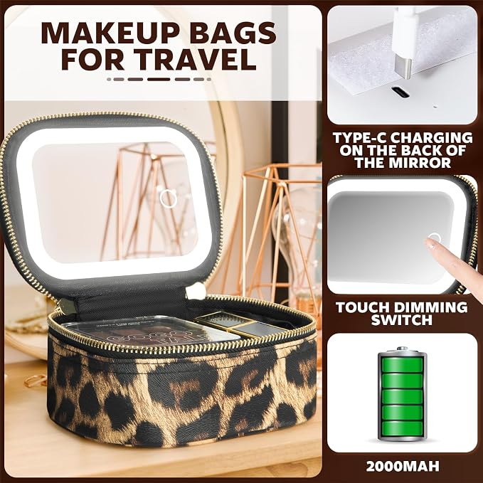 Extrei Gent Small Makeup Bag Travel Train Case with Mirror and Light Mini Travel Makeup Train Case Cosmetic Organizer 3 Adjustable Brightness Toiletry Bag Portable Artist Storage (Leopard Print)
