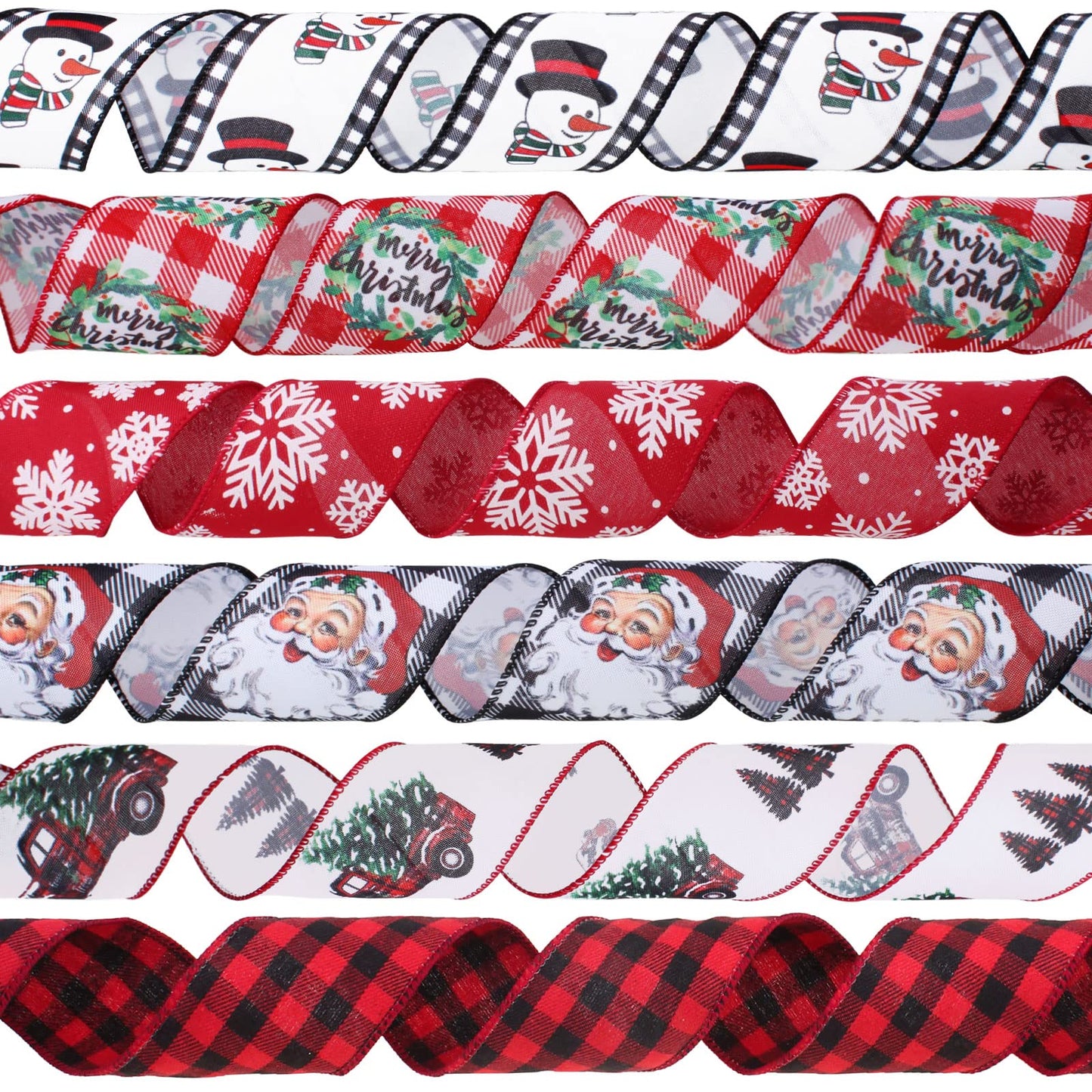 Vloso Christmas Ribbon Wired 2.5 Inch,6 Roll 30 Yards Christmas Wired Ribbon,Incl. Santa/Snowman/Snowflake/Buffalo Plaid Ribbon for Wreaths Bows Holiday Xmas Decor DIY Crafts