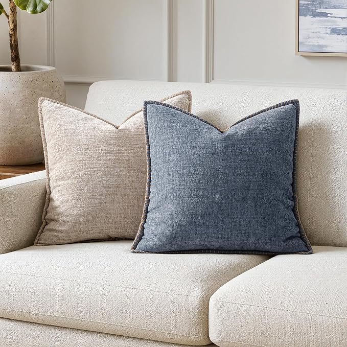 MIULEE Pack of 2 Couch Throw Pillow Covers 20x20 Inch Dark Grey Blue Farmhouse Decorative Pillow Covers with Stitched Edge Soft Chenille Solid Dyed Pillow Covers for Sofa Bed Living Room