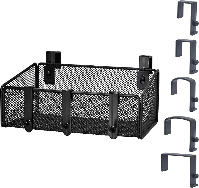 JDYOOMI Bedside Caddy Shelf Hanging Storage Basket for Bunk Bed, Office Cubical Walls, Baby Rails, College Dorm Organizer - 5 Pairs Sized Hooks for Phone, Glass, Magazine, Decor (Black)
