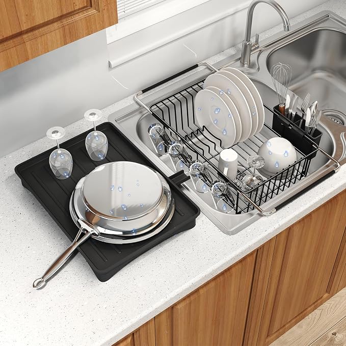 MAJALiS Dish Drying Rack Over The Sink with Utensil Holder, Drainboard | Expandable Stainless Steel Dish Drainer for Small Kitchen, Apartment, RV, Counter Space Saving, Perfect Fit, Rustproof