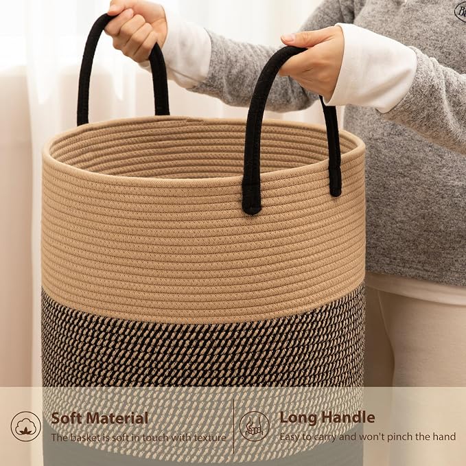 OIAHOMY Large Laundry Basket Hamper - 60L Cotton Rope Woven Basket for Blankets, Toys, Clothes - Tall Decorative Nursery Hamper with Long Handles, Yellow/Black