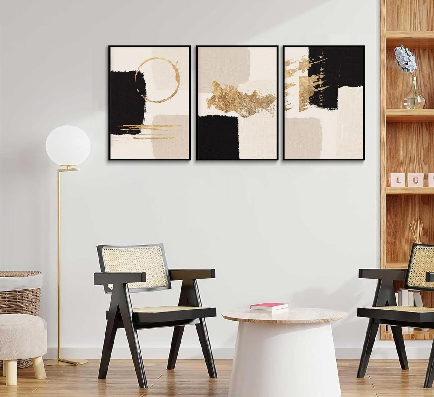 3pcs Black Gold Abstract Wall Art Bohemian Simple Geometric Canvas Poster Print Modern Beige Picture Painting Wall Decor for Living Room Bedroom Office Decoration Frameless
