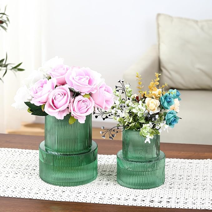 Ribbed Glass Vases for Bouquet, Set of 2 Green Vases for Flowers, Green Glass Vase for Tulips, Modern Vase for Living Room, Office, Coffe Table, Dining Table, Shelf, Wedding