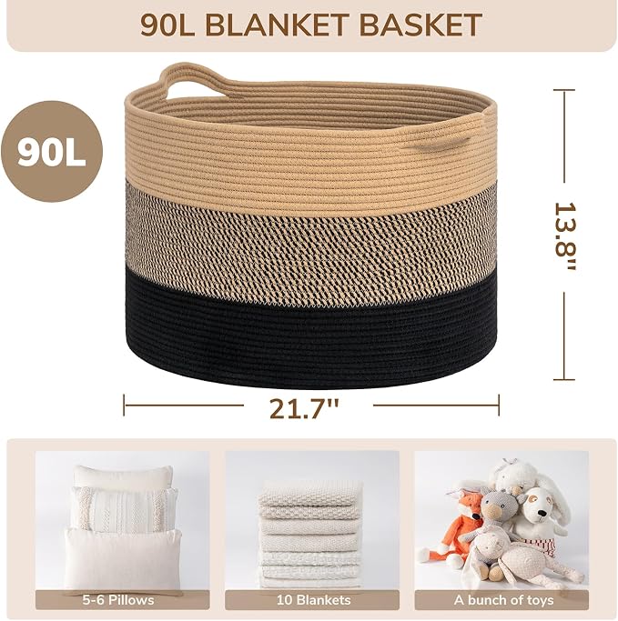 INDRESSME XXXLarge Cotton Rope Basket 21.7" x 21.7" x 13.8" Woven Baby laundry Blanket Basket for Living Room Decor, Toy Storage Baskets for Kids Boys Girls, Camel Mix & Black