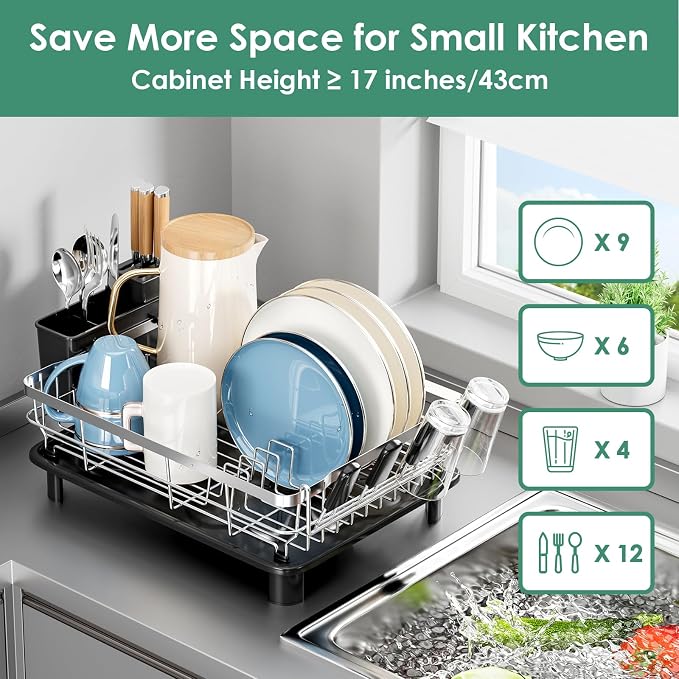 MOUKABAL Dish Drying Rack, Dish Rack, Stainless Steel Dish Racks for Kitchen Counter, Dish Drainer with Removable Utensil Holder, Drainboard (Black,Stainless Steel,13''W x 17''L)
