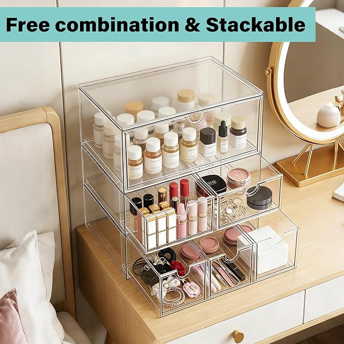 Prsildan Acrylic Makeup Organizer, 3 Pack Stackable Clear Storage Drawers for Baby Bottles Desk Organizers with 3 Drawers for Countertop Vanity Nursery Modular System for Cosmetics Jewelry