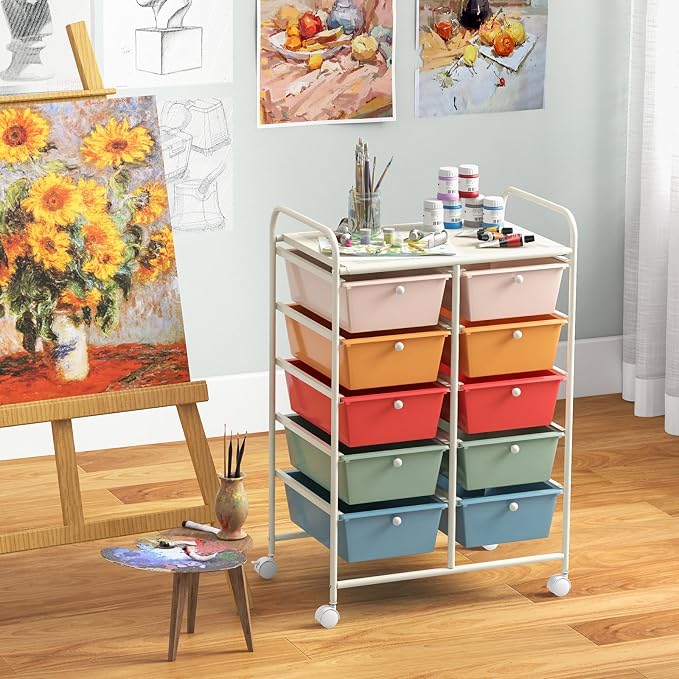 Giantex 10 Drawers Rolling Cart, Classroom Organizers, Storage Cart with Wheels, for Teacher Office Home School Supplies Tool Craft Art Paper, Multicolor