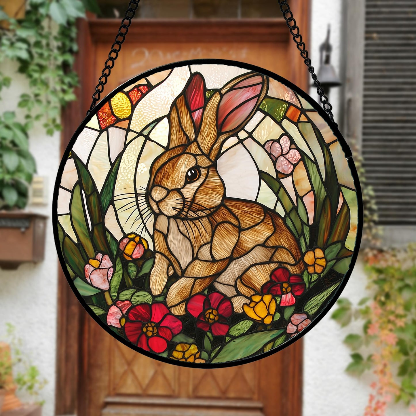 AMDERVEN Stained Glass Window Hanging, Cute Bunny Flowers Sun Catcher for Window Door Home Decor, Rabbit Suncatcher Christmas Mother's Day Birthday Gifts for Women Men Mom and Nana 6.3 in