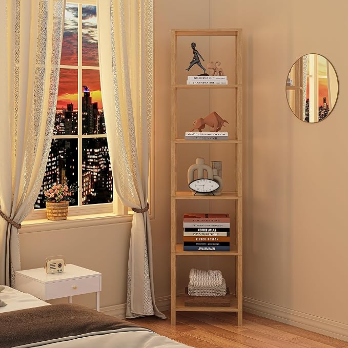 TUTOTAK Bookshelf, 6-Tier Tall Book Shelf, Narrow Bookcase for Small Space, DIY Stackable Bookshelf, for Living Room, Office, Study, Entryway, Industrial, Natural BS01BN006
