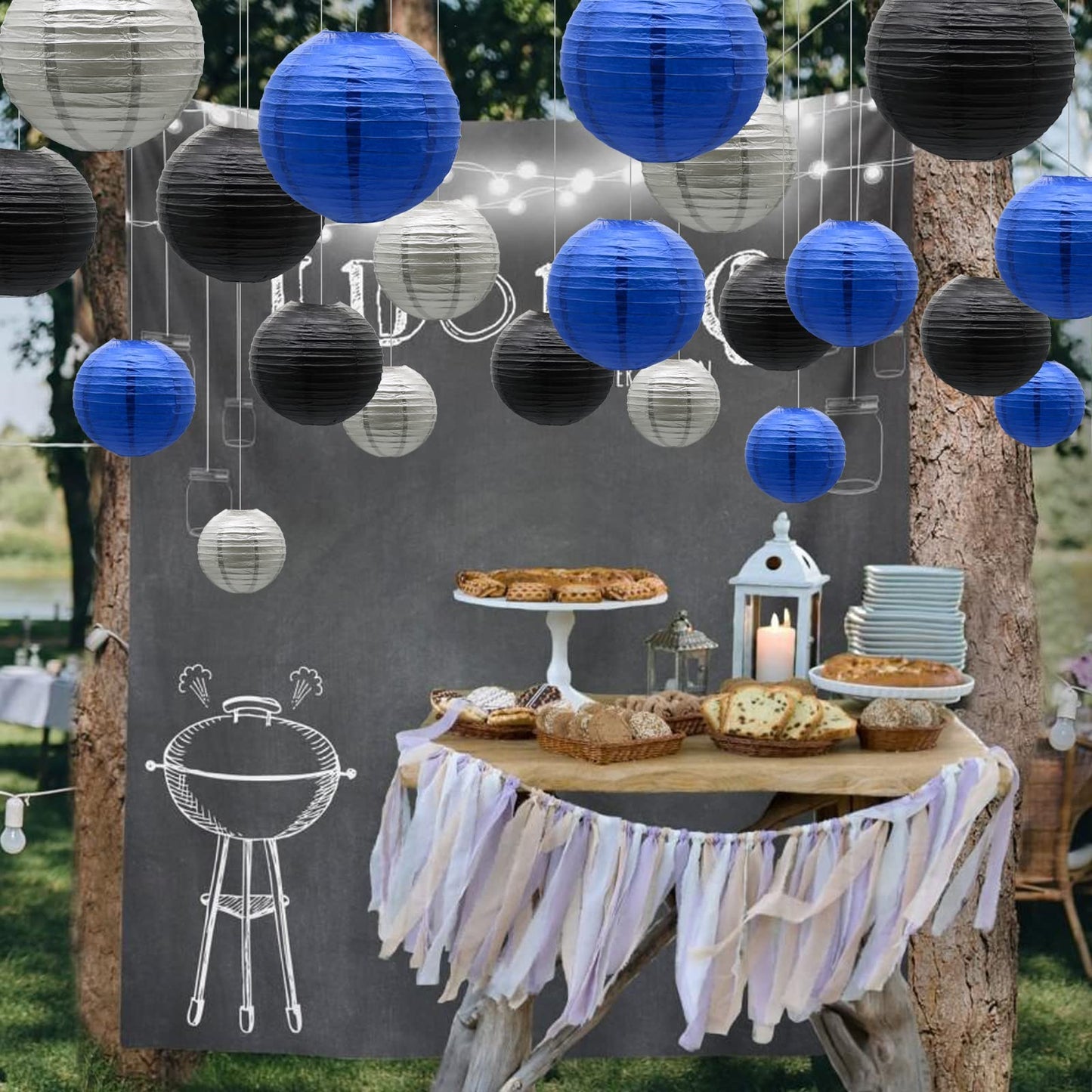 Paper Lanterns Decorative, Round Hanging Lantern for Graduation Wedding Birthday Anniversary Bachelorette Retirement Party Decorations, Navy Blue/Silver/Black 9pcs