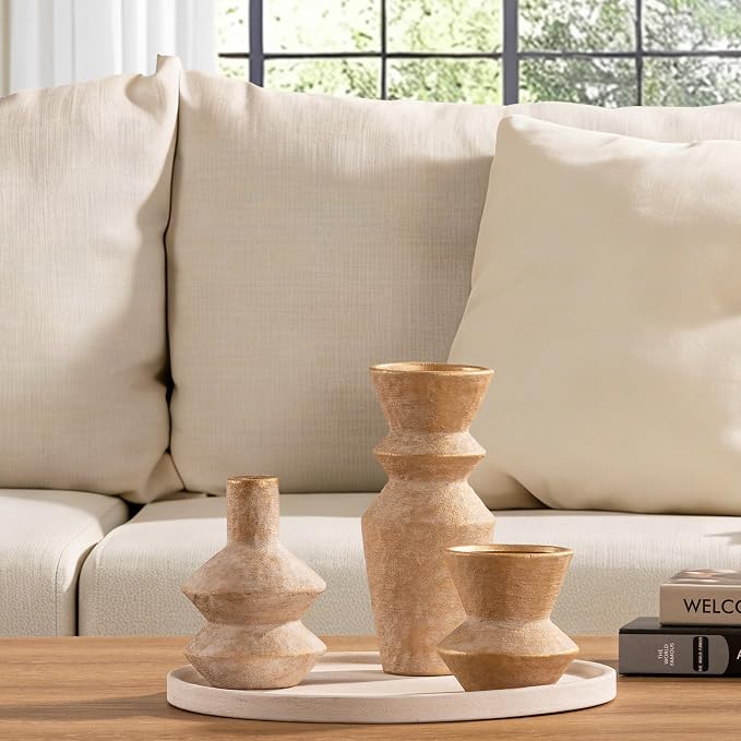 Ceramic Vase Home Table Decor - Gold Flower Vase Set of 3 Living Room Kitchen Decorations Farmhouse Modern Rustic Vases Decorative Centerpiece for Shelf Bedroom Office Bathroom Dining Coffee Desk