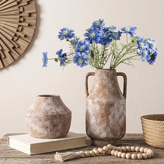 Ceramic Flower Vase, 5.2in Farmhouse Table Rustic Vases, Small Flower Terracotta Vases for Home Decor, Living Room,Table, Handcrafted (Terracotta)