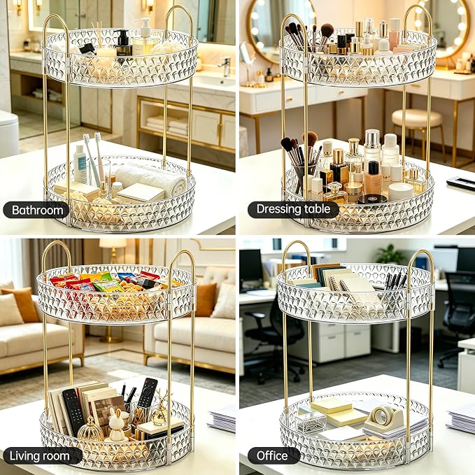 360° Rotating Makeup Organizer, 2-Tier Large Capacity Cosmetic Storage Rack for Bathroom Countertop & Vanity, Clear Acrylic Holder for Skincare, Perfume & Beauty Essentials