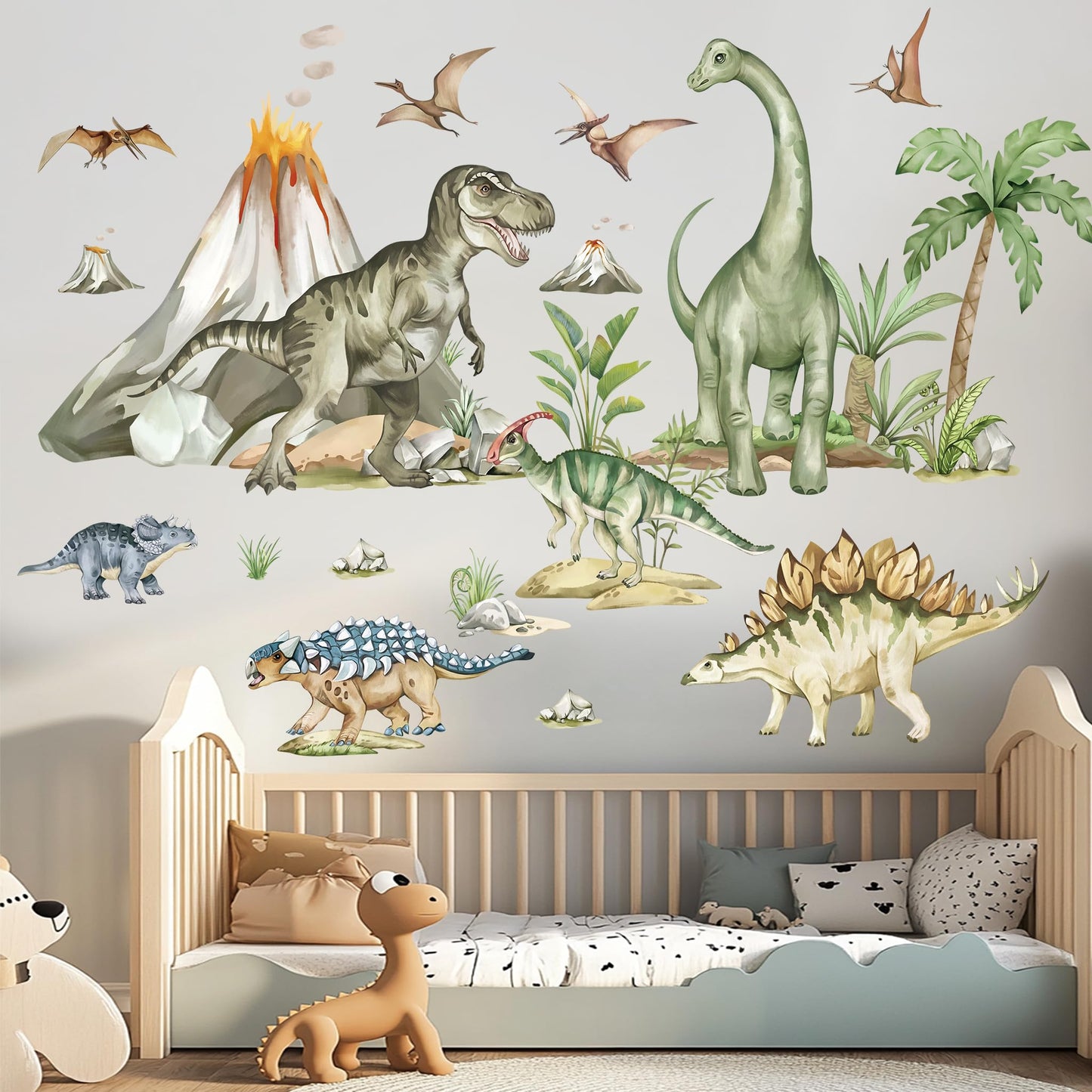 wondever Large Dinosaur Wall Stickers Tropical Animal Dino Volcano Plants Wall Art Decals for Boys Room Baby Nursery Kids Bedroom
