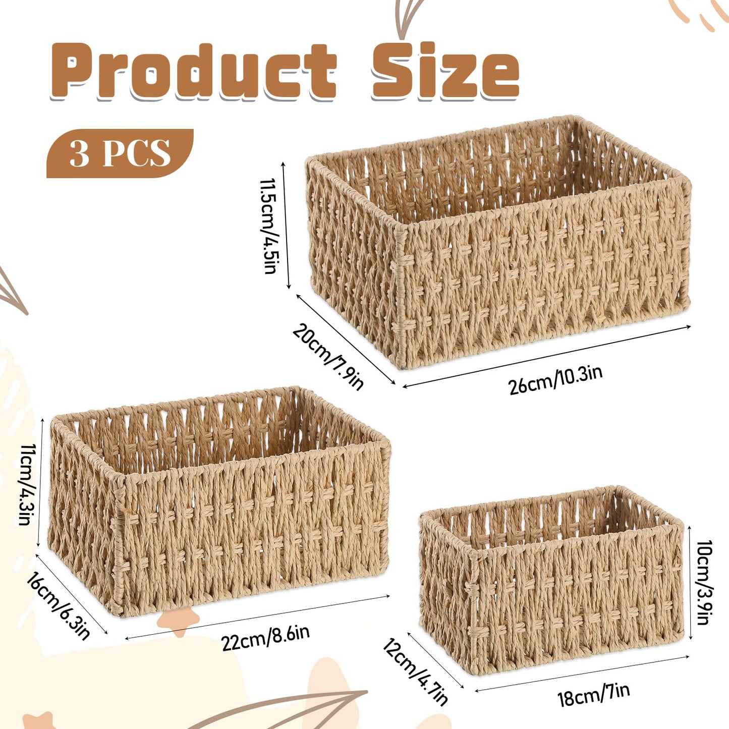 3 Pack Wicker Baskets for Organizing, Toilet Tank Basket for Bathroom, Hand-Woven Paper Rope Wicker Baskets, Toilet Paper Storage Basket for Toilets Tank Top for Shelves