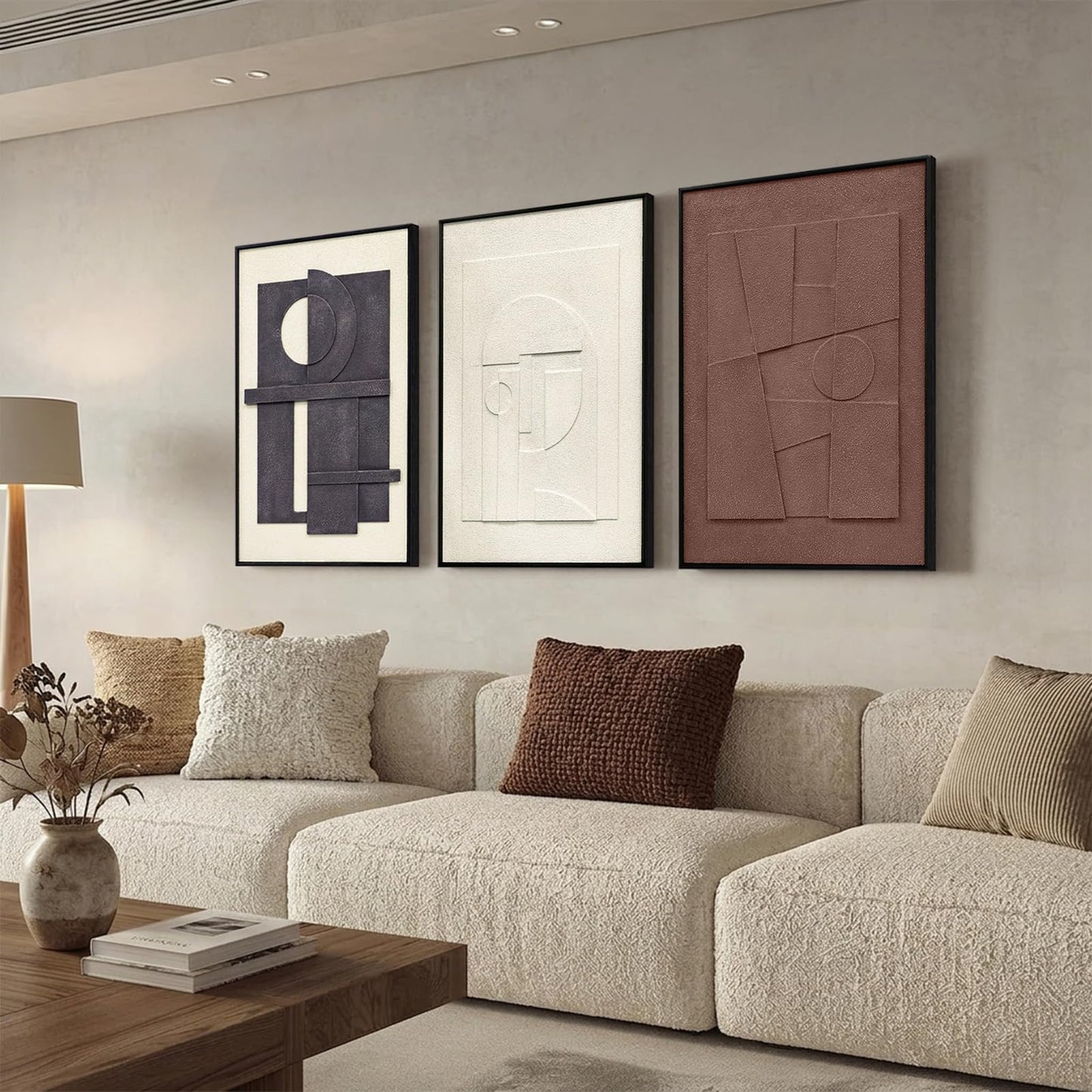 3D Textured Framed Wall Art, 3 Piece Neutral Artwork for Walls, Modern Minimalist Wall Paintings, White Black Geometric Texture Wall Decor for Living Room, Hallway, Office, 16x24In