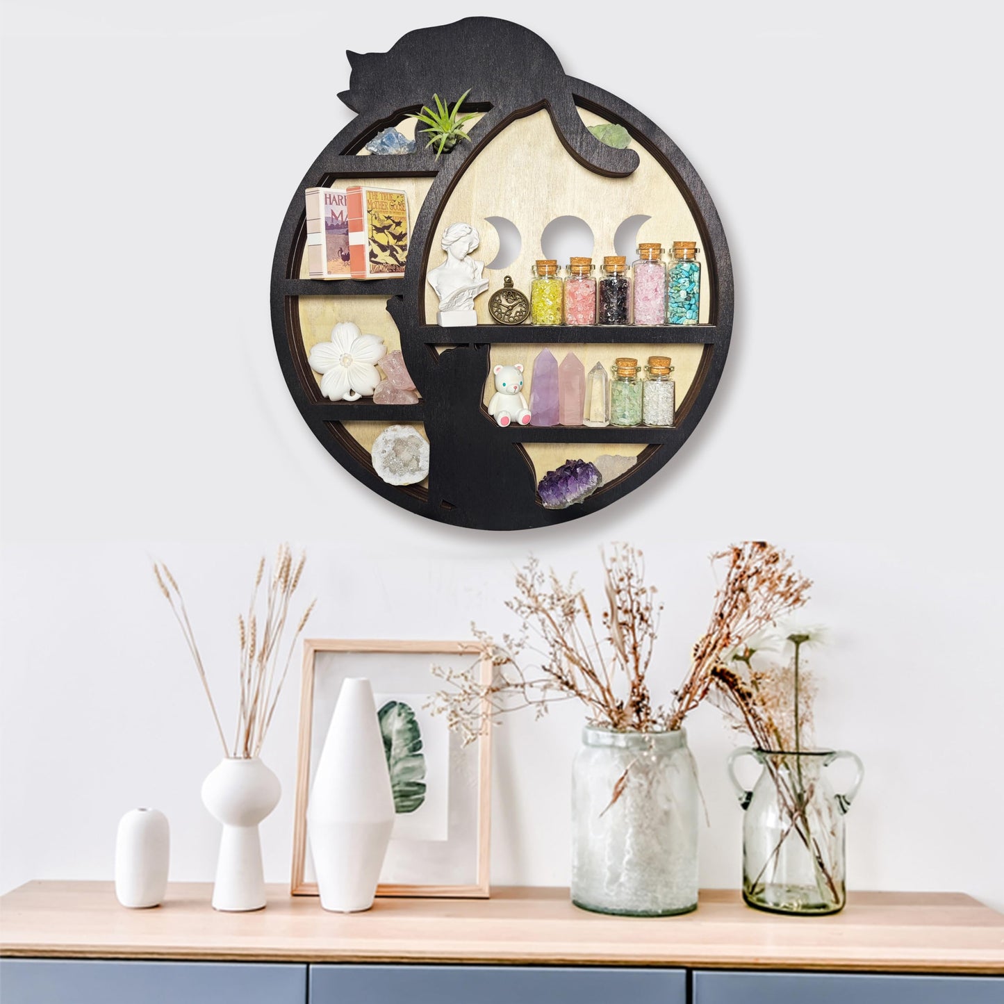 FNYDOX Cats on The Moon Crystal Display Shelf, Wooden Hanging Floating Shelf, Crescent Moon Phase Shelf Stones Essential Oil Organizer Rock Storage Gem Holder Wood Gothic Witchy Boho Home Wall Decor