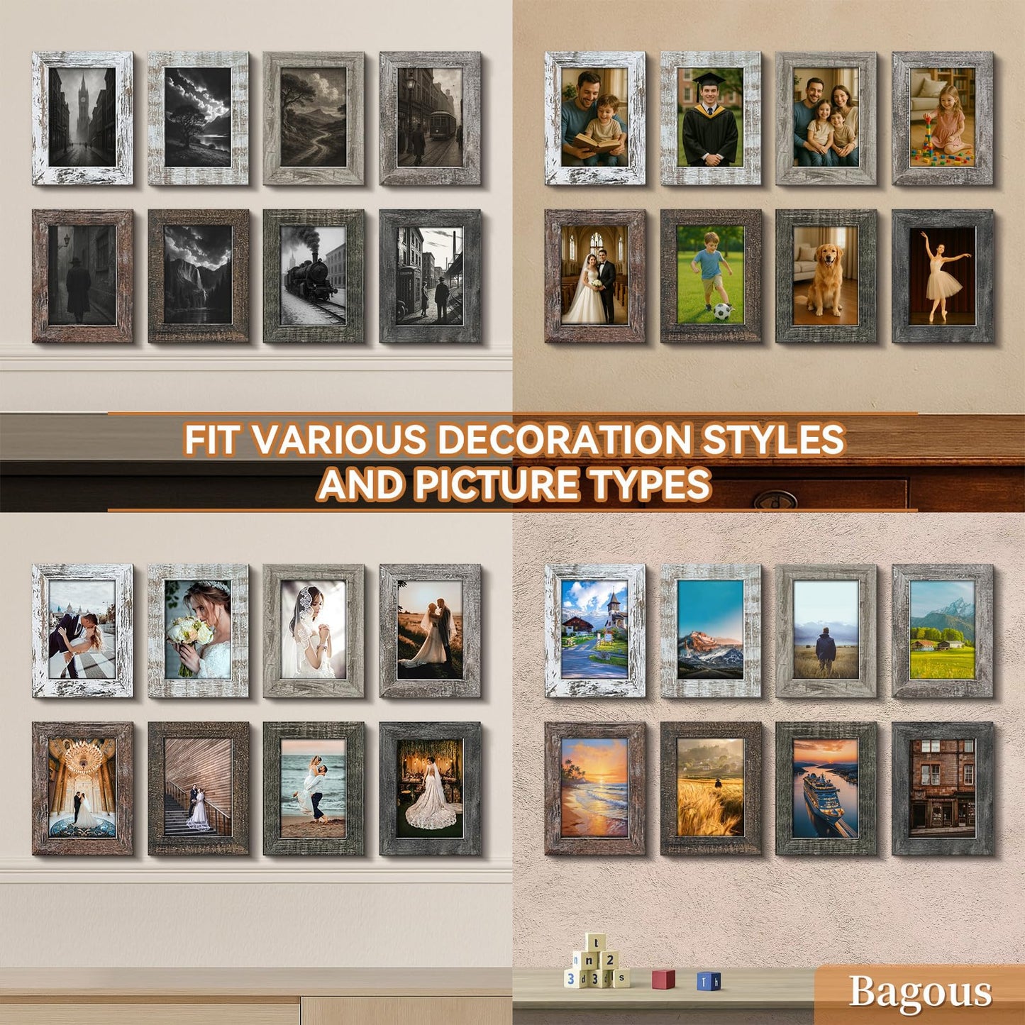 Bagous 5x7 Picture Frames Set of 8, Vintage Rustic Farmhouse Industrial Style Photo Frames, High Definition Real Glass, for Tabletop or Wall Hanging