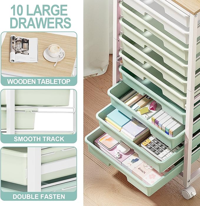 SYKIARIOL Rolling Cart with Drawers,10 Drawer Rolling Cart,Storage Cart,Utility Cart,Teacher Cart for Classroom Storage,Craft Cart with Wheels and Wooden Tabletop,Green