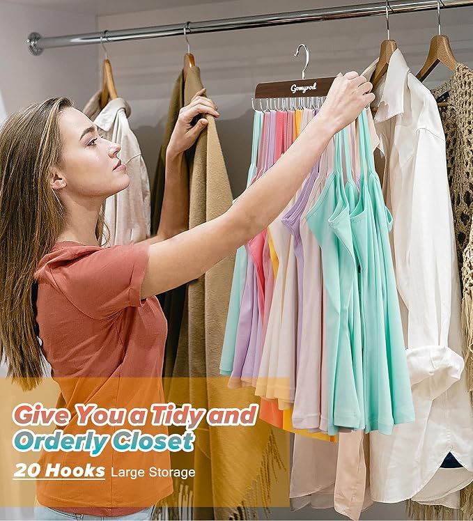 Gomyrod Bra Hanger for Closet, 2 Pack Tank Top Hangers w/20 Hooks Holds 40 Bras, Capacity Foldable Wood Space Saving Hanger, 360°Rotating Closet Organizers and Storage for Dorm & Apartment（Brown）