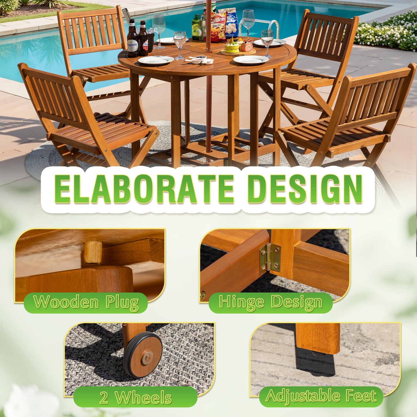 Greesum 5 Piece Patio Dining Set Outdoor Acacia Wood Furniture All-Weather Folding Round Table and Chairs for Backyard, Balcony, Porch, Deck, Garden, Light Brown