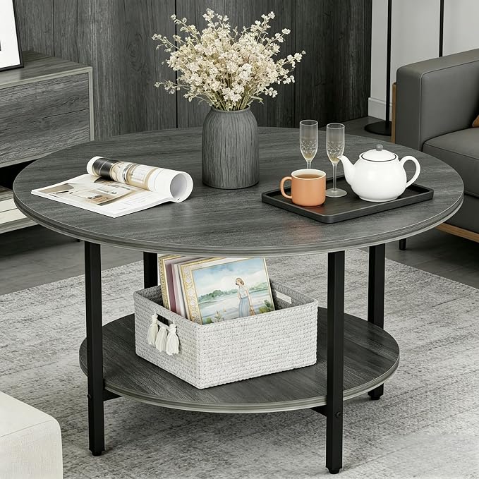 FAMIDGE Coffee Table, 27.6“ Circle Coffee Tables for Living Room, 2 Tier Round Coffee Table with Storage, Wood Accent Center Floor Table for Bedroom, Industrial Home Office, Elegant Gray