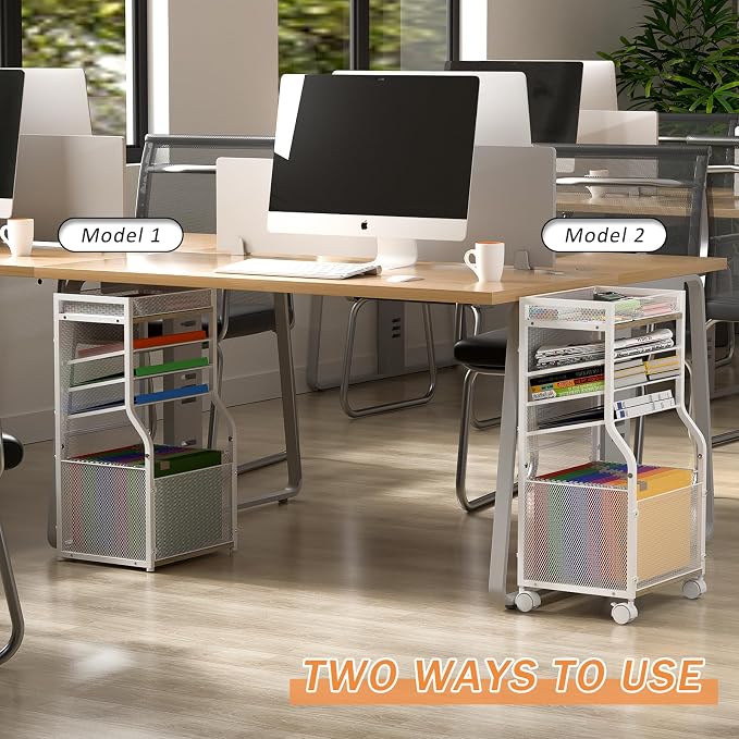 5-Tier Rolling File Cart with Lockable Wheels, Mobile Desk File Organizer Hanging File Folders Paper Letter Sliding Trays, White Wood & Mesh Hanging Folder Drawer Organization for Office, Home, School