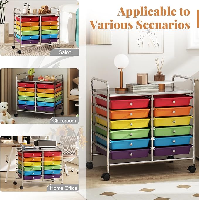 COSTWAY 12-Drawer Rolling Storage Cart, Utility Storage Organizer Cart for Tools, Scrapbook, Paper, Craft, Multipurpose Art Supply Organizer on Wheels for Home Office School, Teacher, Multicolor