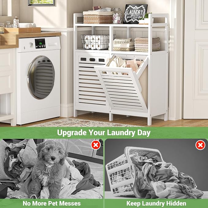 Homykic Tilt Out Laundry Hamper Cabinet, Bamboo Double Laundry Hamper with 2 Removable Laundry Baskets, 20 Gal Laundry Sorter Organizer with Shelf for Dirty Clothes, Bathroom, Laundry Room, White
