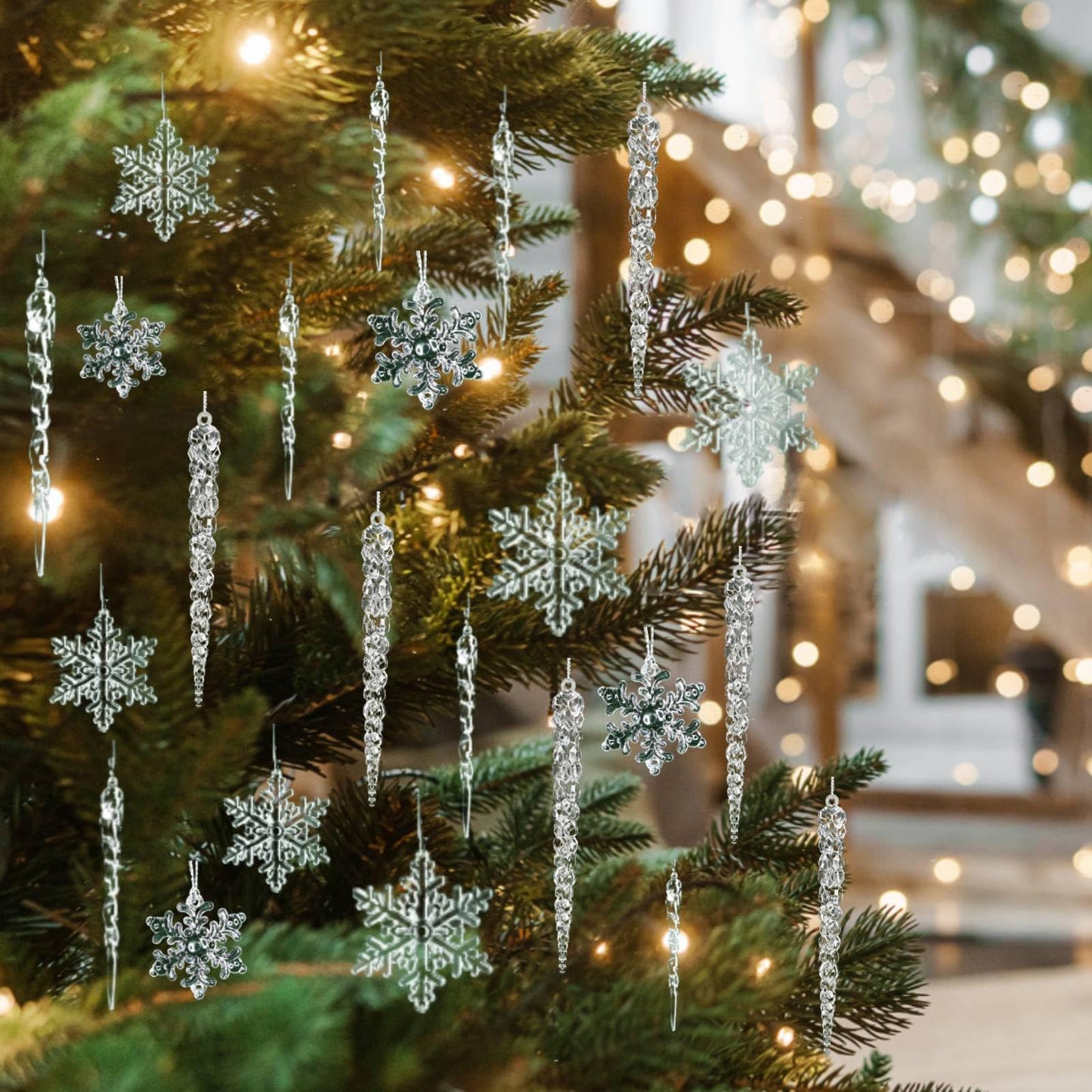 36pcs Christmas Crystal Ornaments Decoration, Hanging Christmas Snowflake Icicle Clear Acrylic Ornament Sets for New Year Wedding Winter Party Decor