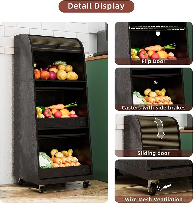 Movable Onion and Potato Storage Bin Box, Black Potato Bins with Wheels and Sliding Door, Farmhouse Fruit and Vegetable Basket Storage, Small Food Kitchen Pantry Cabinet, Wooden Bread Box, Flip-top