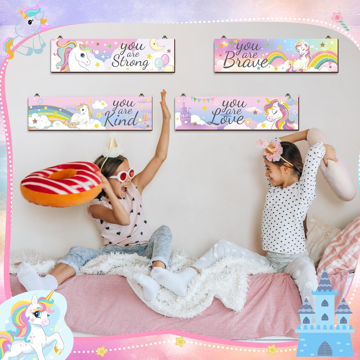 Geetery 4 Pcs Unicorn Rainbow Women Room Wall Decor Unicorn Bedroom Decor Rainbow Wooden Hanging Sign Inspirational Room Wall Art for Women Men Bedroom Nursery Decorations